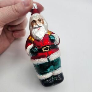 Czech Republic Blown Glass Santa Ornament with Glitter Trim Green Pants Gift Bag